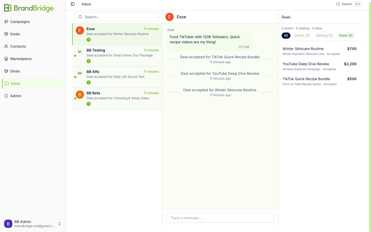 Inbox view showing message threads with brands and deal conversations